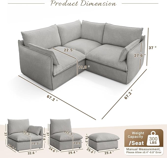 Forest aesthetics Cloud Modular Sectional,3 Seater Waterproof High Backrest V Shape Sectional Sofas,Down Filled Modular Couch with Removable Washable Cover for Living Room,Light Gray