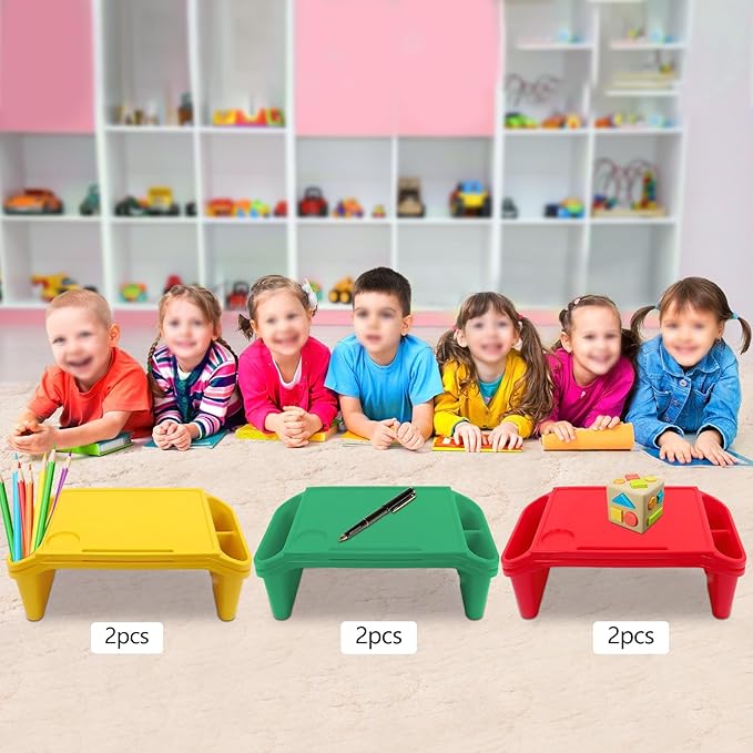 6 Pcs Kids Lap Desk Tray, Plastic Breakfast Lap Desk Trays with Storage Slots, Portable Stackable Lap Tray Tables for Writing Drawing Classroom, 19.69" L x 9.84" W x 7.1" H (Red+Green+Yellow)