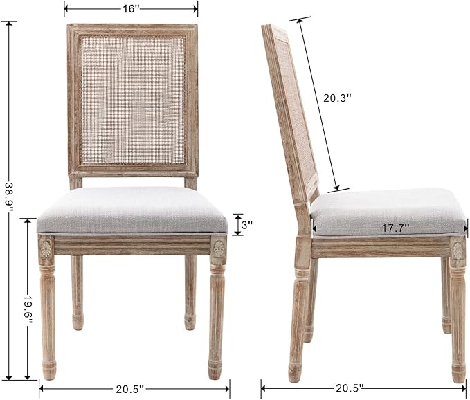 CIMOTA Farmhouse Dining Chairs Set of 2, French Rattan Dining Room Chairs with Rectangle Back/Distressed Wood Upholstered Vintage Side Chairs for Kitchen/Restaurant, Grey/2PCS