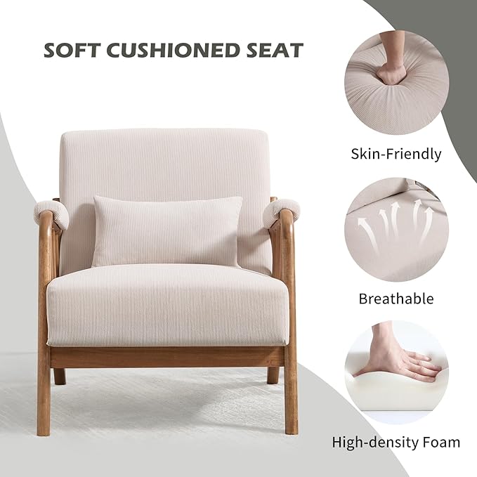 INZOY Mid Century Modern Accent Chair with Wood Frame, Upholstered Reading Armchair with Soft Corduroy Fabric, Accent Chair for Living Room Bedroom Apartment, Easy Assembly, Beige