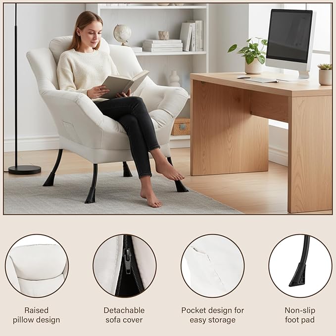 Welnow Lazy Chair for Living Room, Modern Reading Lounge Accent Chair with Armrests and a Side Pocket, Leisure Upholstered Lazy Sofa for Small Space, Bedroom, Dorm, Beige