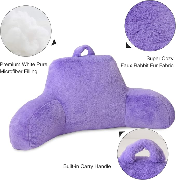 Aimuan Reading Pillow Bed Rest Pillow with Arms Rabbit Fur Cushion for Adults Teens Incline Rest Sitting up & Sleeping Snoring Pillow with Pregnancy Lumbar Back Support (Purple)