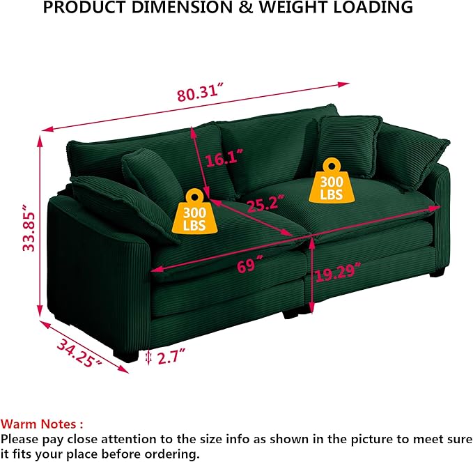 Aoowow Corduroy Loveseat Couch,Modern 2 Seater Cloud Couches for Living Room,Modular Sectional Cloud Sofas with Deep Seat,Large Love Seat for Small Spaces,Apartment,Office. (Green, 2 Seater)