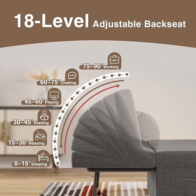 4 in 1 Sleeper Chair, Convertible Sleeper Sofa with Ottoman, Ottoman Bed for Adults, Sofa Bed with Adjustable Backrest for Living Room Apartment Office, Dark Grey
