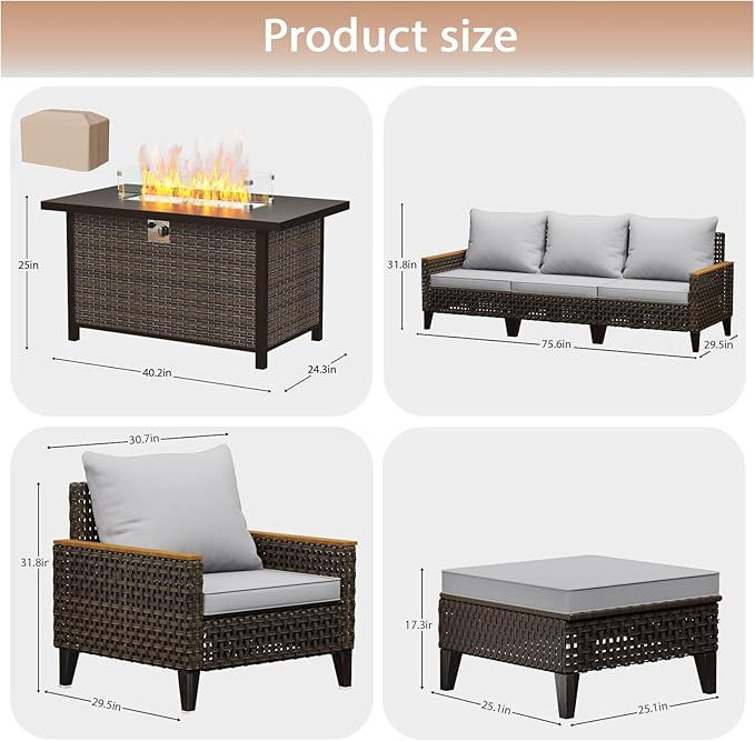Xmkmvk 8 Piece Patio Sectional Sofa Set with 50000 BTU Fire Pit Table, All-Weather Wicker Rattan Outdoor Conversation Set, High Back, for Garden, Porch, Poolside, Gray
