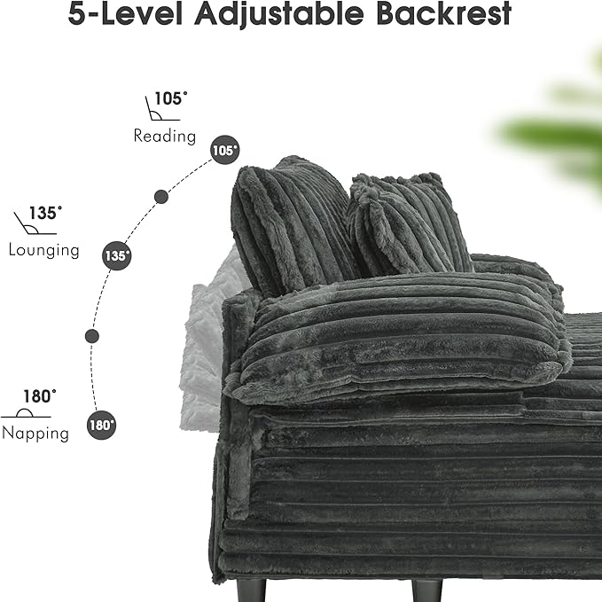 54.8" W Oversized Chaise Lounge Chair Indoor with 5-Position Adjustable Backrest, Plush Sleeper Sofa Bed with Pillows, Upholstered Cloud Couch Chair for Living Room, Study Room, Dark Grey