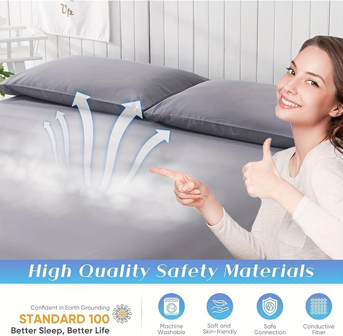 Grounding Sheets, 95% Organic Cotton + 5% Silver Fiber, Earth Connected Fitted Sheet with Grounding Cord (Gray, Full XL)