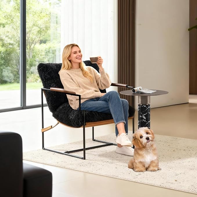 VINGLI 28" Wide Plush Upholstery Sling Modern Accent Chair with Metal Frame, Cute Reading Armchair with Removable Seat Cushion & Tan Microfiber Seat Base, Lazy Chair for Bedroom & Lounge,Black
