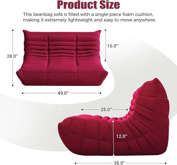Selyteramy Bean Bag Chairs for Adults, Giant Bean Bag Chair Sofa with Memory Foam, Comfy Beanbag Loveseat Lazy Sofa for Living Room, Bedroom, Apartment, Red