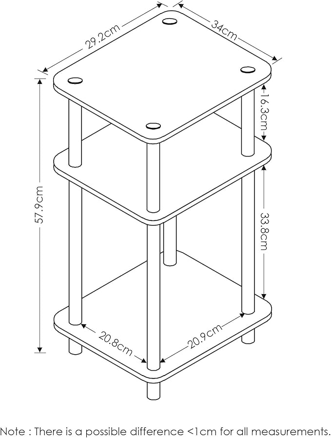Furinno JUST Side Table, 3-Tier End Table, Open Shelves Night Stand, Bedside Table, Toolless Assembly, for Living Room, Bedroom, Bathroom, White(Espresso) | with Plastic Poles, 1-Pack