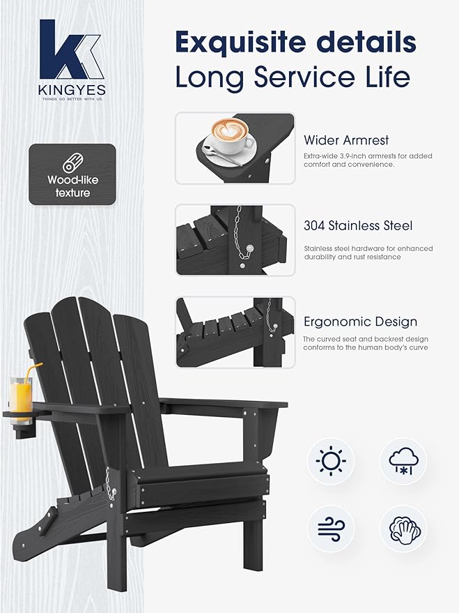 KINGYES Folding Adirondack Chair Set of 8, HDPE All-Weather Patio Chairs with Cup Holder, Wooden Textured Fire Pit Chairs for Poolside, Backyard, Deck, Grey