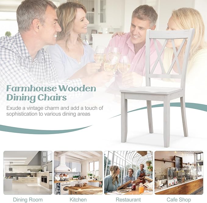 Giantex Wood Dining Chairs Set of 4 White, Rustic Armless Kitchen Chairs w/Rubber Wood Frame, Cross Back, Contoured Seat, Farmhouse Wooden Side Chairs, High Back Kitchen Chairs for Home Dining Room
