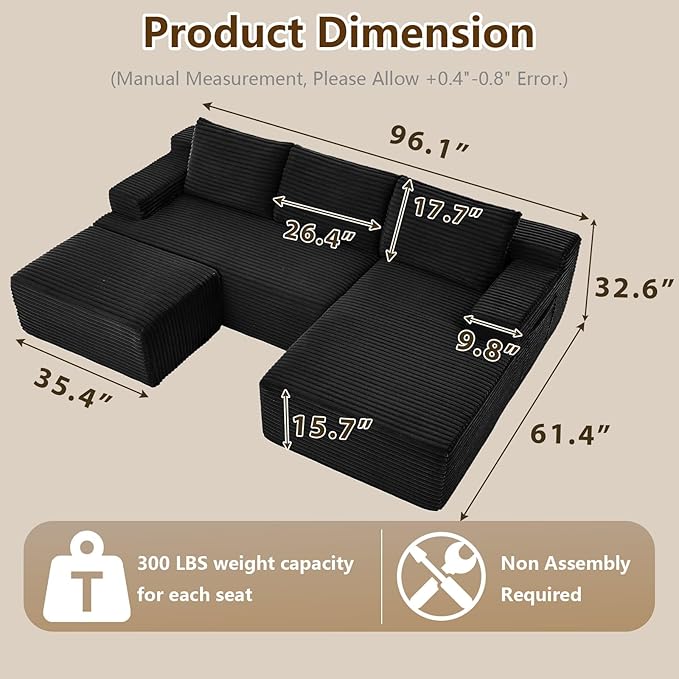 96" U-Shape Cloud Couch, Modern Modular Sectional L-Shape Sofa with Ottoman, Corduroy Upholstered Couches Deep Seat Sleeper Chaise Longue for Living Room, No Assembly Required(Black, Right Facing)