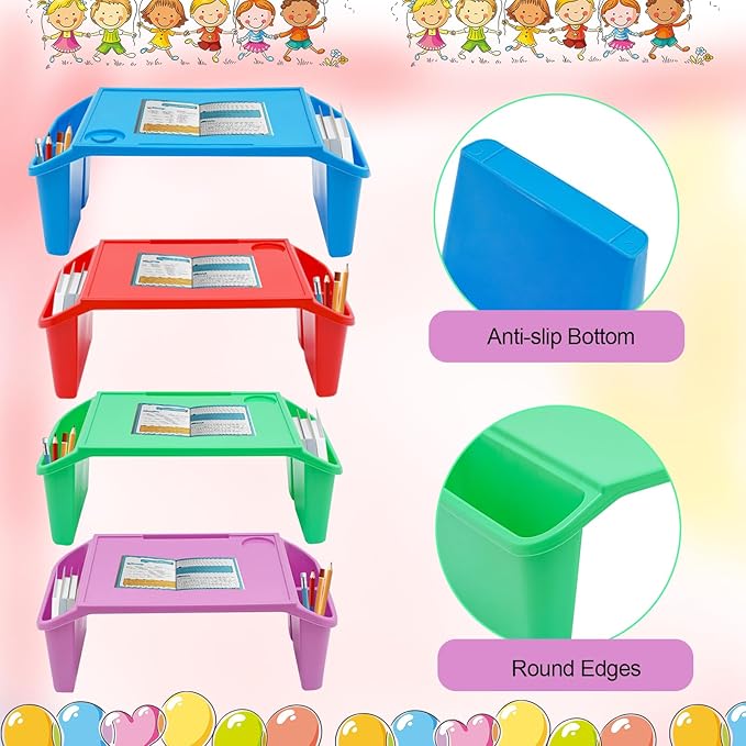 Set of 4 Kids Lap Desk Tray, Portable Activity Table, Plastic, Stackable for Drawing, Writing, Eating, Classroom, 19.69" L x 9.84" W x 7.09" H, Multicolor
