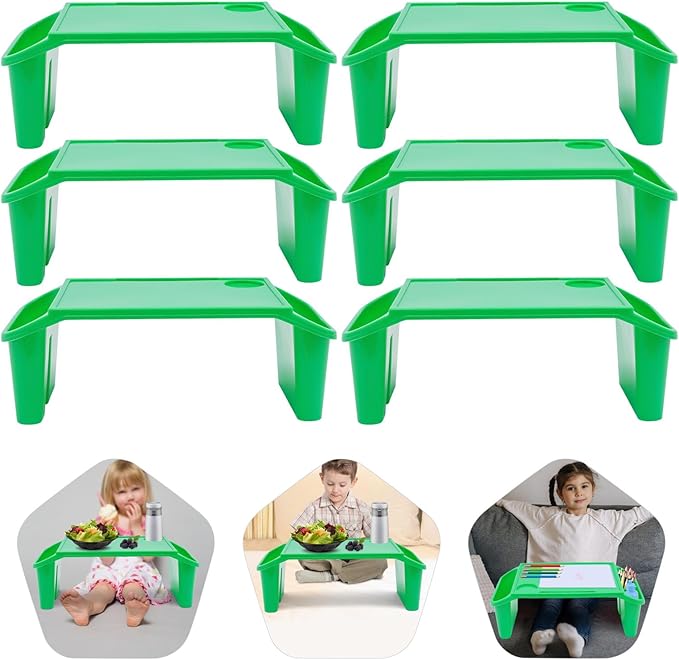 6 Pcs Kids Lap Desk Tray with Storage, 19.69 * 9.84 * 7.1in Desk Bulk Lap Table with Side Pockets and Slot, Portable Plastic Lap Bed Table for Writing Eating Game Classroom (Green)