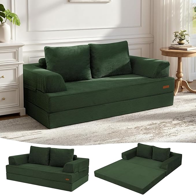 COMAX Futon Sofa Bed, Convertible Folding Sofa Bed, Boneless Couch Loveseat Corduroy with Pillows, Small Foldable Floor Couch Comfy Lounge Sleeper for Living Room Bedroom, Green