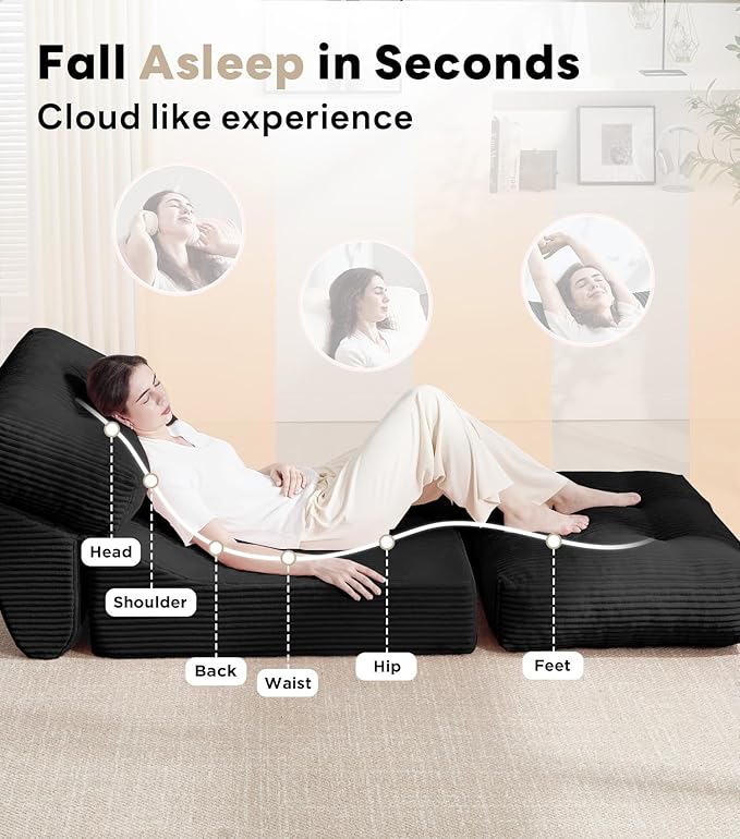 Tbfit 35.8'' Folding Sofa Bed, Convertible Sleeper Chair with Large Pillow, Corduroy Folding Couch Bed, Portable & Foldable Mattress Boneless Floor Sofa Set of 2, Black