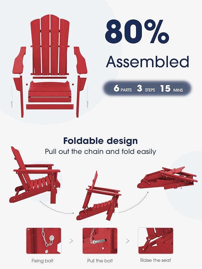 KINGYES Folding Adirondack Chair Set of 6, HDPE All-Weather Folding Adirondack Chair, Light Red