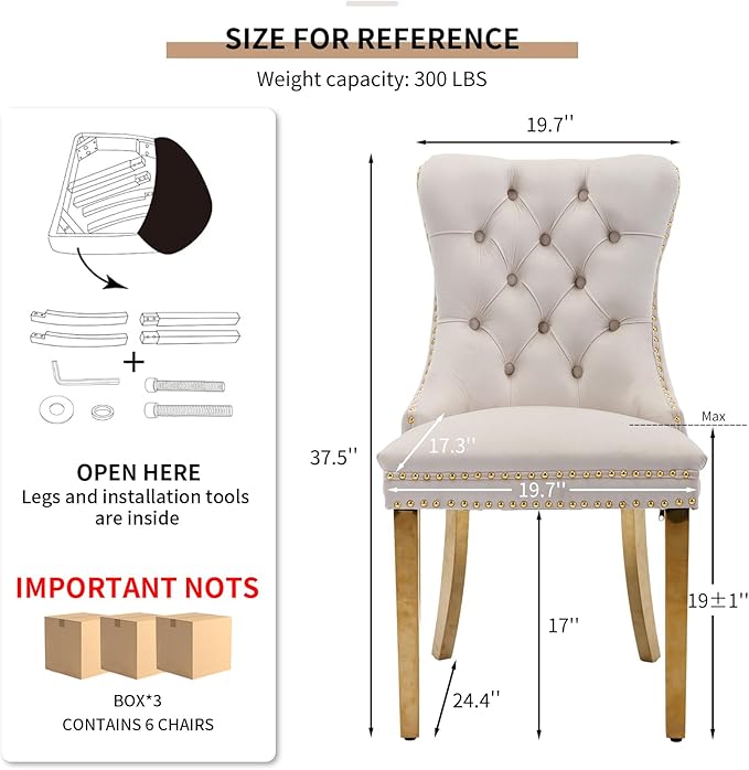 YeahFurn Mid Century Modern Dining Chairs Set of 6, Beige Velvet Upholstered Tufted Back, Kitchen & Dining Room Chairs, Gold Metal Legs, Nailhead Trim, Sillas para Comedor (Beige, 6 Pcs)