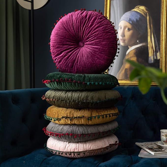 vctops Velvet Soft Round Chair Pads Cute Gradient Pom Pom Indoor Dining Chairs Cushion (Purple, Diameter 16")