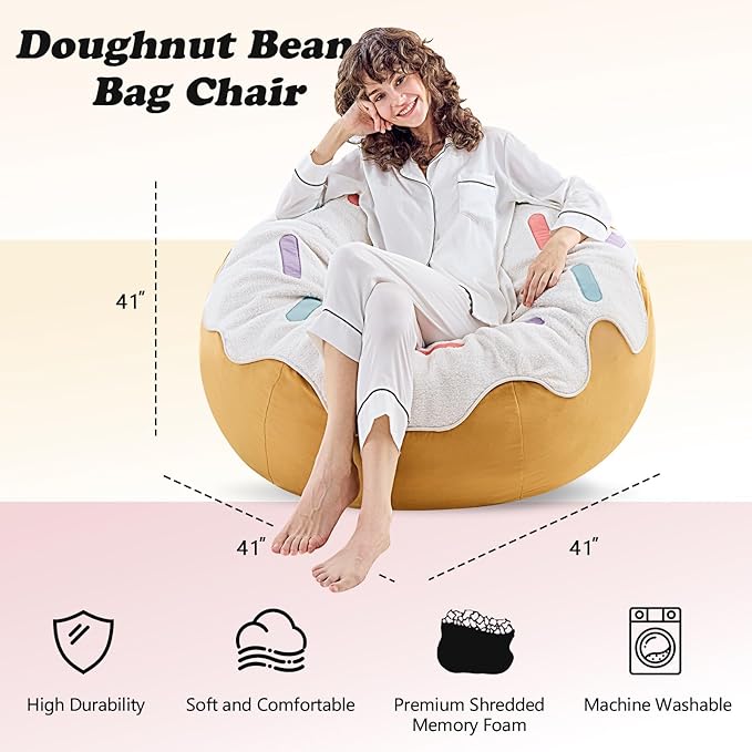 Donut Bean Bag Chair - Cute Bean Bag Sofa with Filler - Ideal for Girls Room and Dorm Decor - Oversized Lounge Chair for Teens and Kids - Plush BeanBag Furniture for Bedroom Living Room - 41inch