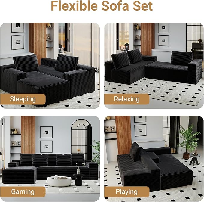 KAPEETOO Modular Sectional Sofa Cloud Couch with Chaise Longue, Left L Shaped Boneless Couch with Deep Seat, Oversize 3-Seater Sofa L Shaped Set for Living Room Bedroom (Black)