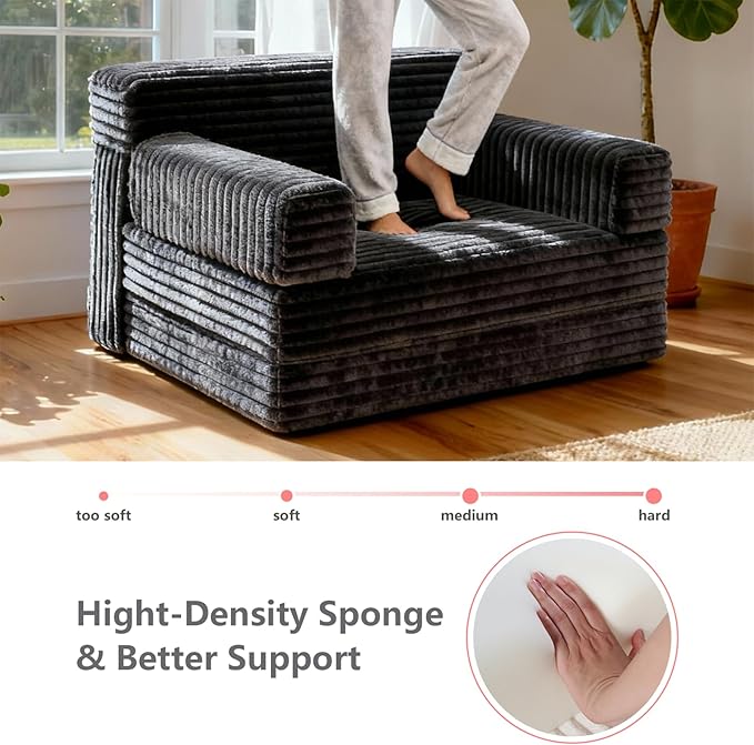 Folding Sofa Bed,Convertible Sofa Bed with Armrest Foldable Sleeper Chair, Portable Folding 4-in-1 Floor Sofa with Convertible Lounge Chair for Living Room,Bedroom,Washable Cover,Black Single