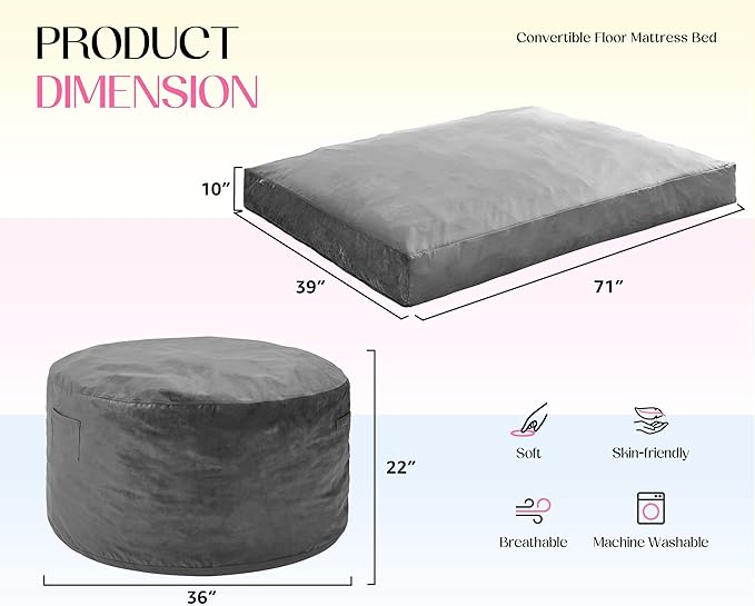 Hobestluk Giant Bean Bag Chair Bed for Adults, Large Bean Bags with High-Density Foam Filling, Convertible Big Sofa Bed Couch for Living Room, Bedroom, Playroom (Grey, Twin)