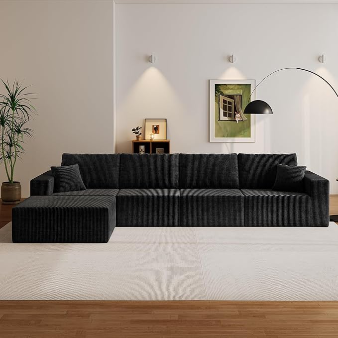 139" Boneless Cloud Sectional Couch for Living Room, Compressed Modular L-Shaped Sofa with Deep Seat, Frameless Corduroy Couch in Boxes, No Assembly Required 4-Seater (Left-Facing Chaise, Black)