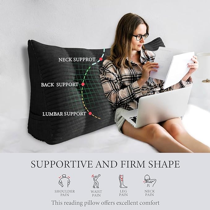 Wedge Headboard Pillow Dorm Room Reading Pillow Back Support for Sitting Up in Bed Bolster Lumbar Cushion Body Positioning Bedrest Corduroy (Black, Twin (39 * 8 * 20in))