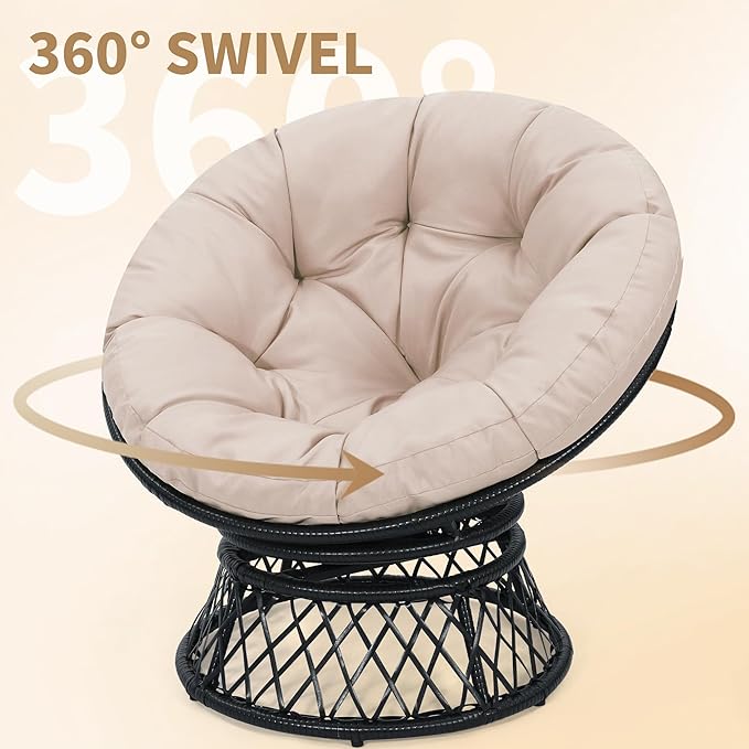 Kromax 40" Ergonomic Wicker Papasan Chair, 360° Swivel Round Egg Chair with Soft Thick Cushion, Indoor Outdoor Use for Living Room, Bedroom, Reading Room, Black Frame with Beige Cushion