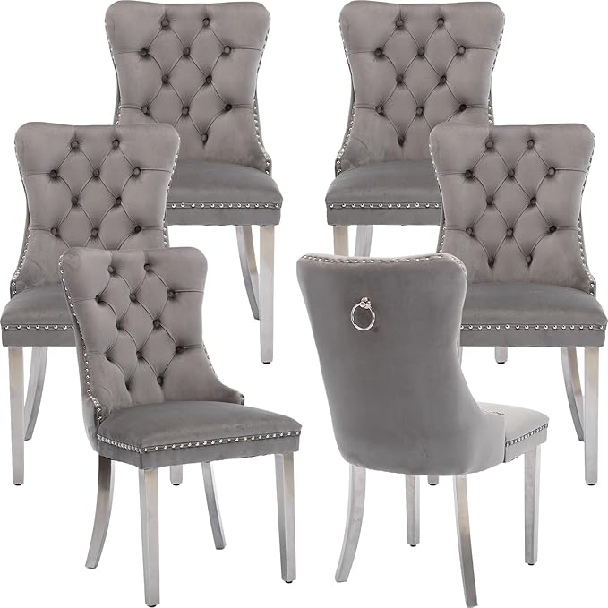 YeahFurn Mid Century Modern Dining Chairs Set of 6, Grey Velvet Upholstered Tufted Back, Kitchen & Dining Room Chairs, Brushed Silver Metal Legs, Nailhead Trim, Sillas para Comedor (Gray, 6 Pcs)