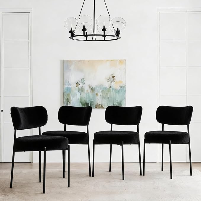 Stabrech Black Dining Chairs Set of 2, Dining Room Chairs with Curved Backrest, Modern Boucle Dining Chairs with Upholstered for Living Room (2,Black)