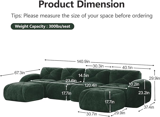 Modular Sectional Sofa with Free Combination,Oversized Boneless Floor Couch for Living Room & Lounge,Velvet 3-Seater Sectional Couch with 2 Ottomans,No Assembly Needed