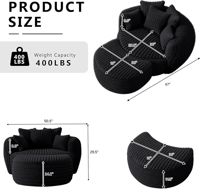 Oversized Chaise Lounge Chair Indoor with Ottoman 50.5" W x 67.0" D Round Soft Corduroy Comfy Oversized Reading Chair with 5 Pillows for Living, Reading Room - Black