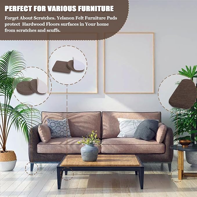 Yelanon Felt Furniture Pads for Hardwood Floors -261 Pcs Premium Floor Protectors for Furniture, Felt Pads for Chair Legs, Brown