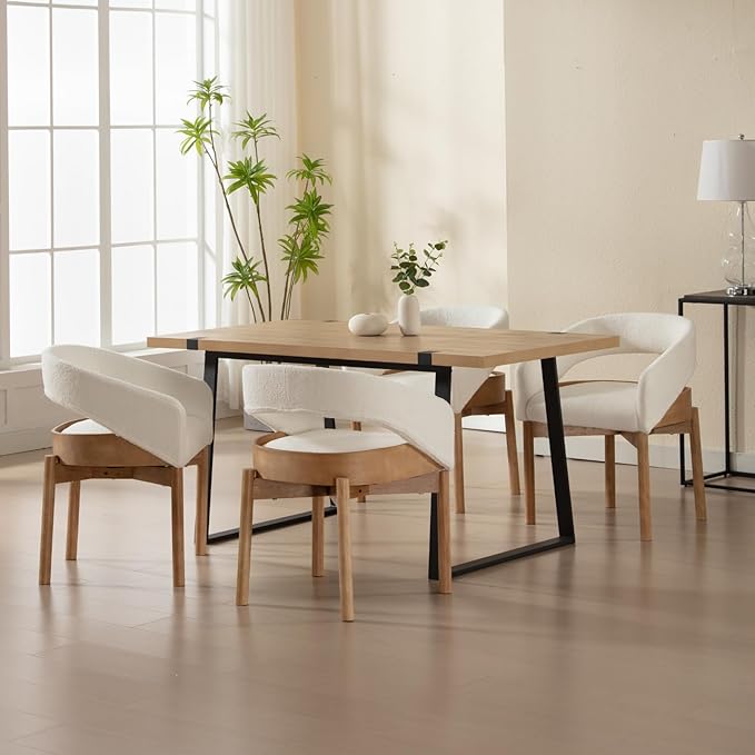 DUOMAY Modern Sherpa Dining Chairs Set of 4, Open Back Kitchen Chairs with Solid Wood Legs Upholstered Curved Back Side Chairs for Kitchen Restaurant, Fur White
