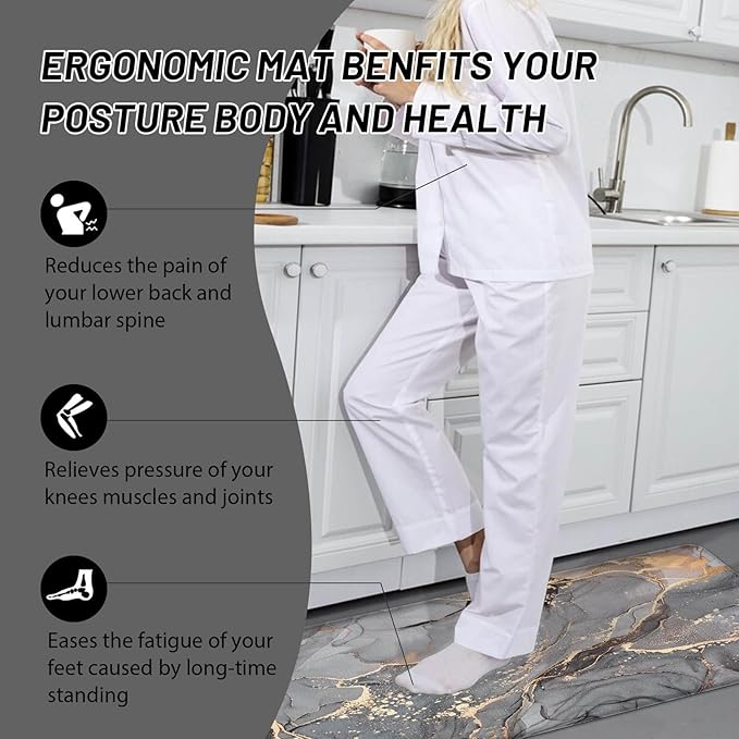 Kitchen Mat Anti Fatigue Cushioned Set of 2 Grey Kitchen Rugs Non Slip Waterproof Kitchen Floor Mats Gold Kitchen Accessories and Decor Comfort Memory Foam Kitchen Mats for Floor Laundry Room