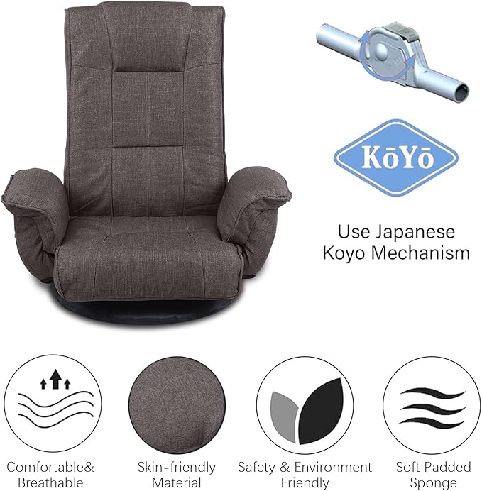 FLOGUOR 360 Swivel Gaming Chair 14-Position Adjustable Folding Floor Sofa with Armrests Lounger Bed for Home & Living Room Chaise Lounge Indoor for Adults QL201CO
