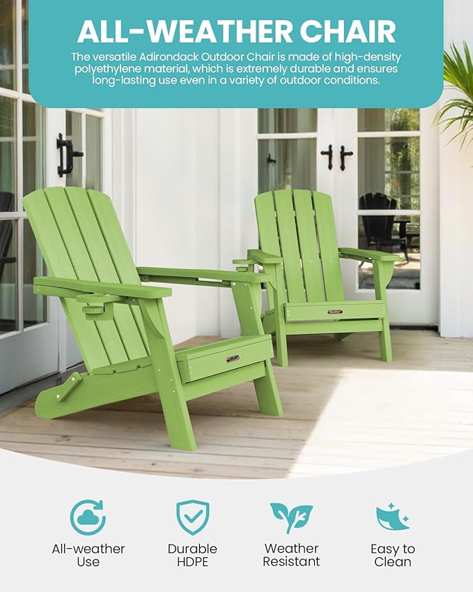 Folding Adirondack Chair, HDPE All-Weather Fire Pit Chairs, Plastic Adirondack Chairs with 2 Cup Holder, Outdoor Lawn Chair for Patio Garden (Light Green)
