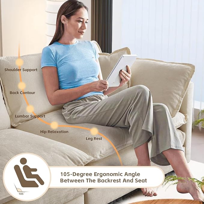 SoarFlash Chenille Sectional Sofa, Comfy L Shaped Modular Coush Sofa with Ottoman, Modern 4 Seat Couch Deep Seat Sofa Set for Living Room,Light Coffee