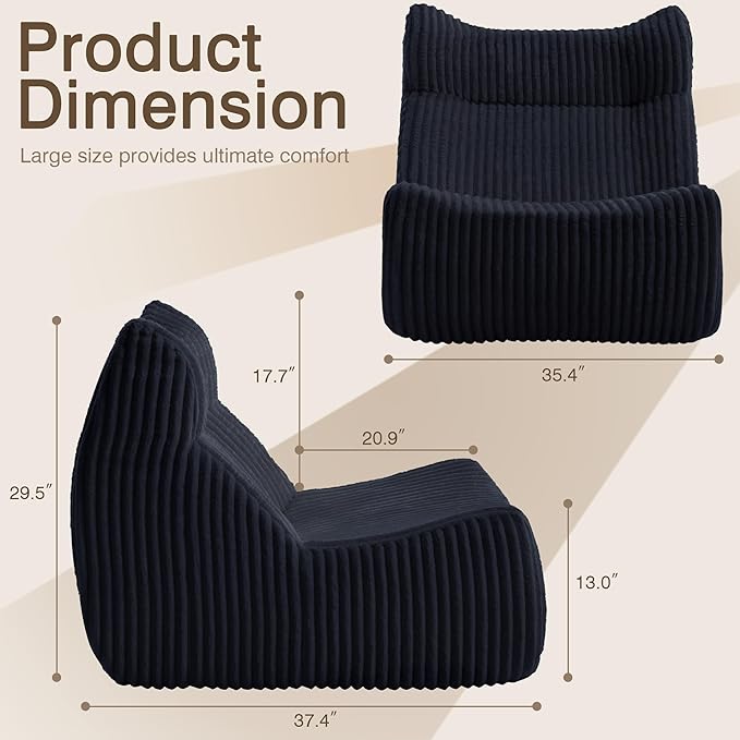 Big Bean Bag Chairs, Lazy Floor Sofa, Fireside Chair for Living Room, Bedroom, Office (Black, Single Seat)