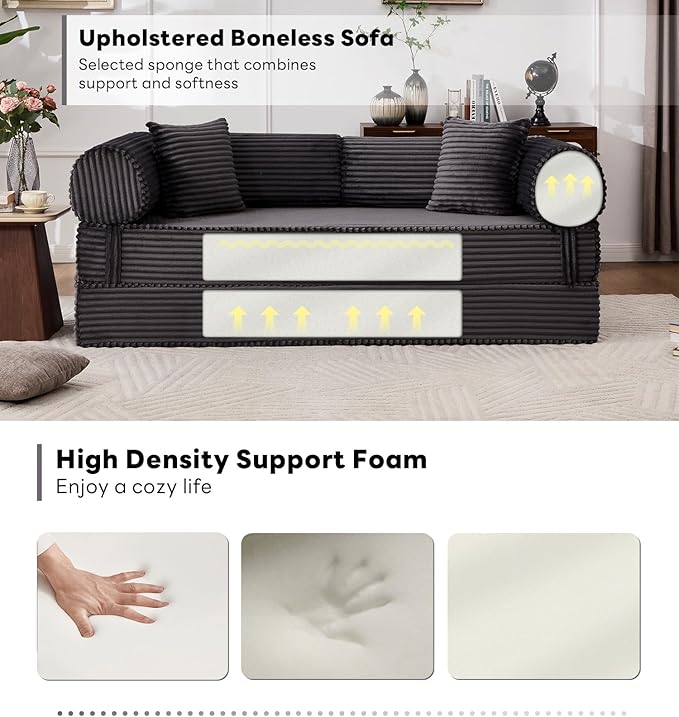 Tbfit 63'' Folding Boneless Couch, Convertible Loveseat Sofa Bed, Corduroy Futon Mattress Sleeper Sofa, Comfy Foldable Upholstered Floor Couches for Living Room, Black