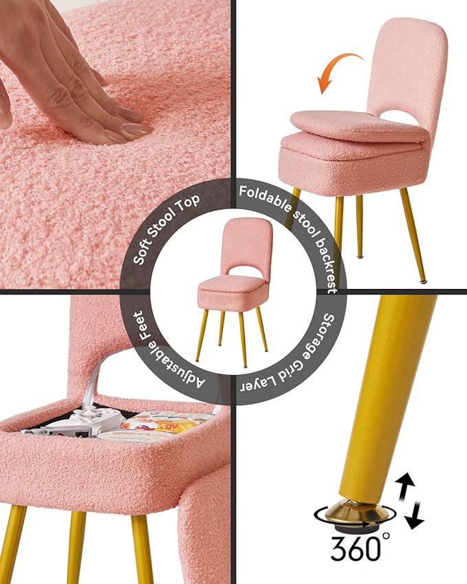 IBUYKE Small Storage Vanity Stool with Folding Backrest, 12.99" x 13.78" x 31.5" Square Teddy Velvet Ottoman, Makeup Chair for Living Room, 4 Metal Legs with Anti-Slip Feet, Pink WBD027P
