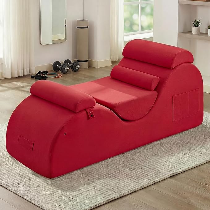 Yoga Chaise Lounge Chair, S-Shaped Floor Sofa with Moveable Headrest, Lumbar Pillow, Support Cushion, Footrest, Non-Slip Base, No-Assembly Lounger for Stretching, Meditation & Relaxation (Red)