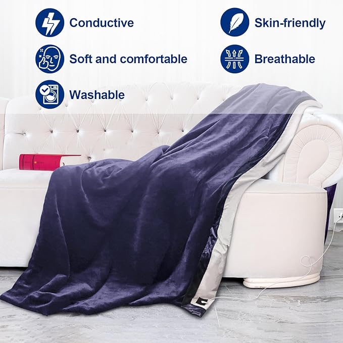 CHIAOCHUTTY Grounding Blanket 79×55 inch Grounding Mat for Bed Grounding Sheet with Conductive Silver Fiber for Better Sleep, Pain Relief, Helps Anxiety Relief (Blue)