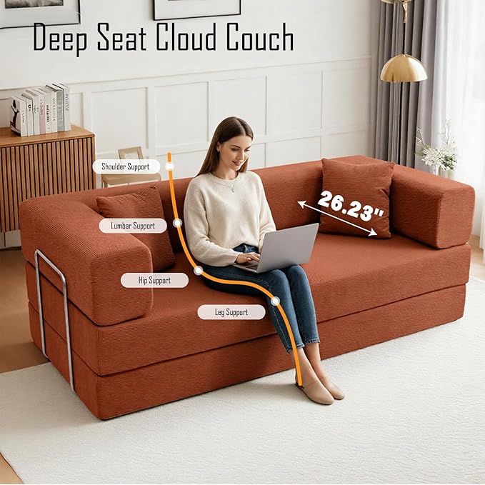 79 Inch Convertible Sofa Bed Couch in Box, 5 in 1 Folding Modular Boneless Couch with Pull Out Bed 2 Pillows, Soft Corduroy Floor Futon Lounge Loveseat Sleeper Lazy Cama No Assembly Orange