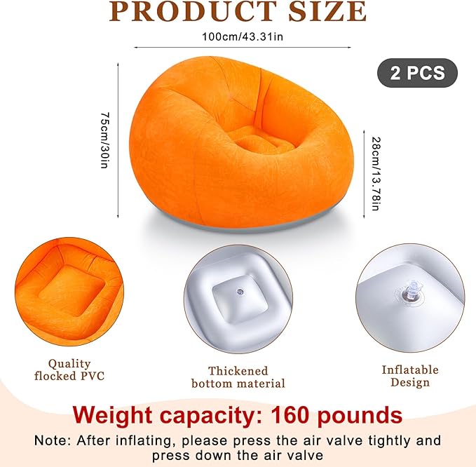 Realspring 2 Pcs Inflatable Bean Bag Chairs with Electric Air Pump Outdoor Blow up Chair Inflatable Lazy Sofa Folding Portable Loungers Couch for Living Room Bedroom(Orange, Green)