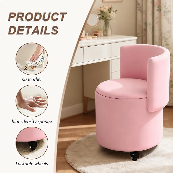 Rolling Round Vanity Chair with Storage, Swivel Makeup Chair with Folding Back, PU Leather Small Upholstered Ottoman for Bedroom Living Room