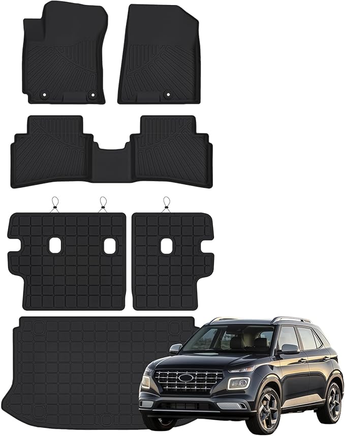 Floor Mats for 2020-2025 Hyundai Venue (Cargo Mat Only Fit Upper Layer) & Backrest Mat,TPE All Weather Protection Car Mats with Trunk Mat Covering The Backrest Full Set Accessories